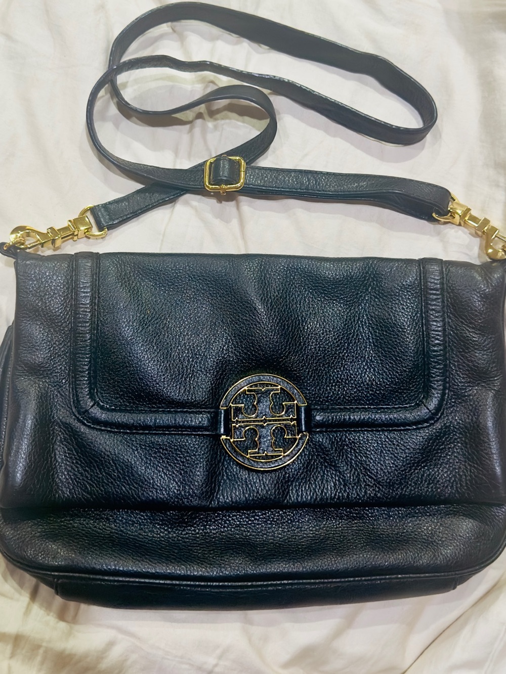 Tory Burch Amanda Foldover Crossbody (Black Leather)